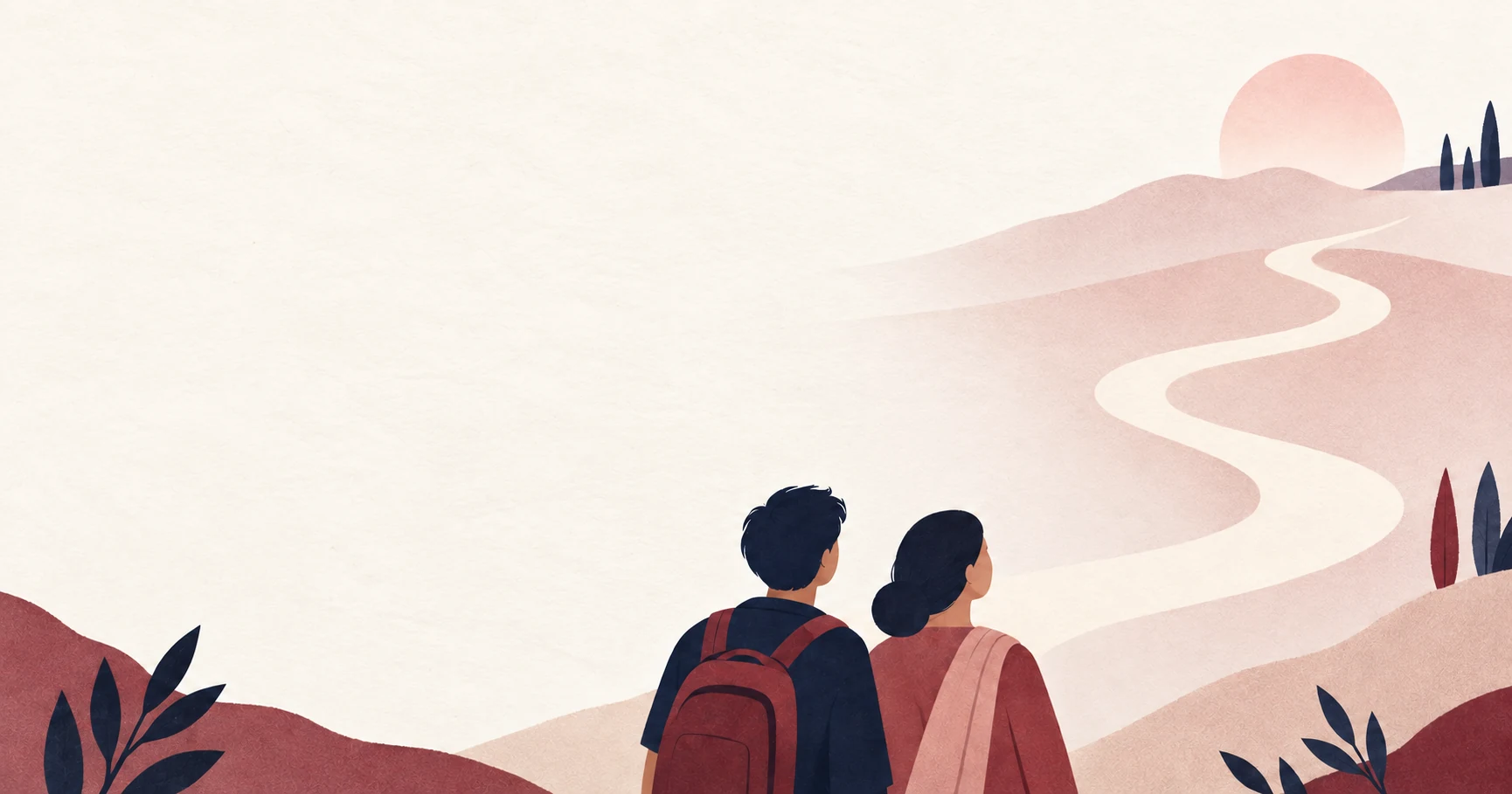 A student and parent looking together along a winding path toward the future